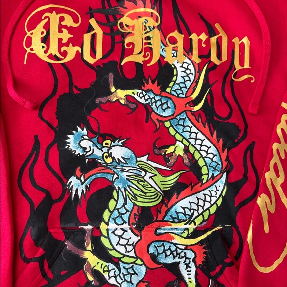 #254 (NWT) (AUTHENTIC) ED HARDY HOODIE. Red and gold colors. - Picture 7 of 14